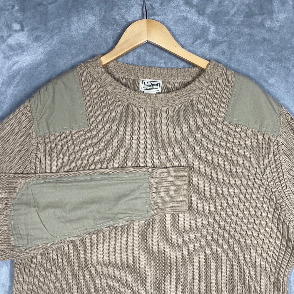 LL Bean Mens Tan Cotton Ribbed Commando Sweater Elbow Patch L-REG 0 BYKS